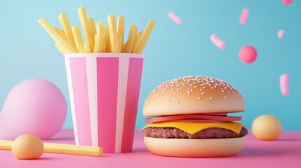 3D fast food burger and fried potato with blue and pink background