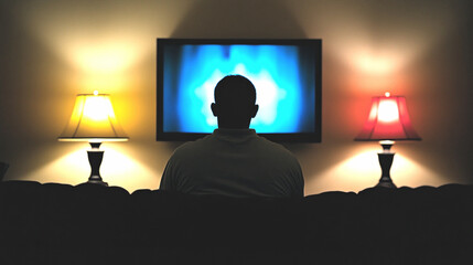 Silhouette of Man Watching Television in a Dimly Lit Room with Lamps