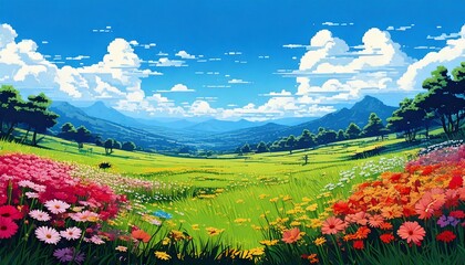 レトロゲーム風の自然のピクセルアート背景（昼の花畑） Generative AI