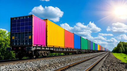 Fototapeta premium Colorful cargo train on sunny tracks