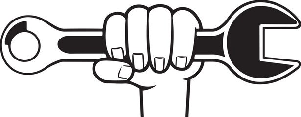 Hand Holding a Wrench in a Black and White Vector Illustration