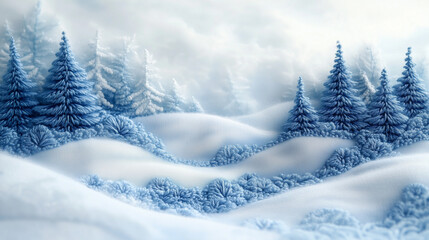 Naklejka premium A soft-focus digital painting of a winter forest with snow-covered trees and hills, useful for websites or blogs about travel, holidays, or nature.