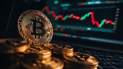 Bitcoin on display with market chart background.