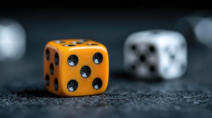 Close-up of orange dice on dark surface with blurred white dice in background. Possible use in gambling or board game articles