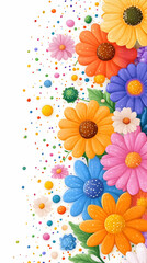 Colorful flowers, confetti, white background