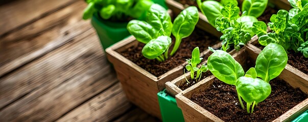 Fresh Spinach Seedlings in Wooden Planter - Sustainable living