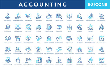 Accounting icon set with cost accounting, managerial accounting, financial ratios, depreciation, amortization, auditing process, compliance icon. Simple outline color vector 
