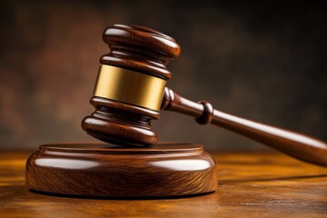 A wooden gavel sits on a wooden base