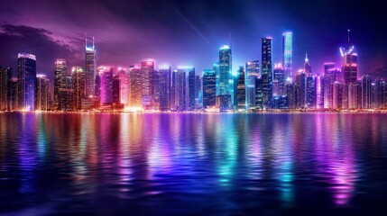 Stunning Night Cityscape with Colorful Lights Reflecting on Water