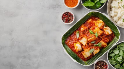 A vibrant dish of rolled pasta in rich tomato sauce, garnished with herbs, accompanied by fresh greens and colorful condiments.