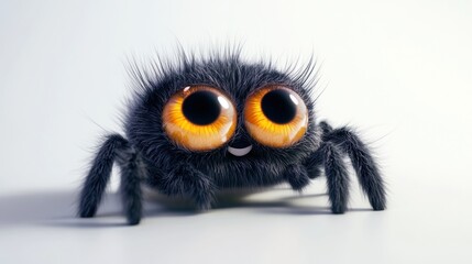 Cute spider smiling, tiny hairs visible, bright eyes, on white surface against plain background