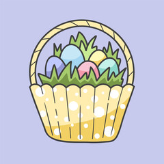 Cute cartoon Easter eggs basket cupcake design. Vector illustration