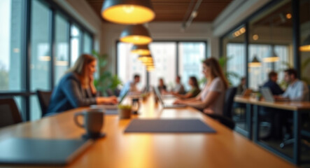 Blurred defocused background with diverse group of coworkers working with laptops on desk in modern office with big windows and warm lights. Collaborative and busy atmosphere of shared workspace