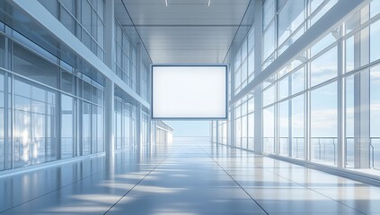 Modern Office Building Hallway with Blank Sign and City Skyline View