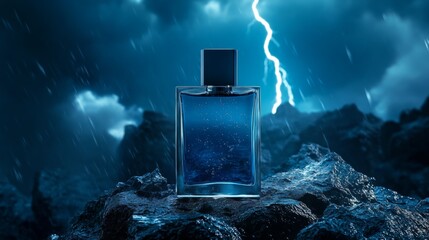 A glass perfume bottle glowing in the dark, framed by a powerful storm over the endless ocean.
