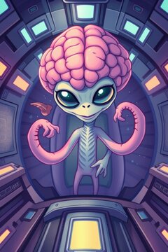 Intelligent alien with a brain-shaped head standing inside a futuristic spaceship, illustration.