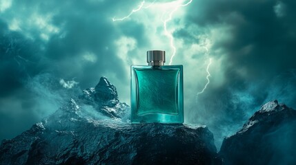 A glass perfume bottle glowing under stormy clouds, with ocean waves mirroring its reflection.

