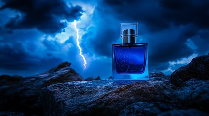 A perfume bottle standing resilient against the elements, as thunder and lightning fill the sky.
