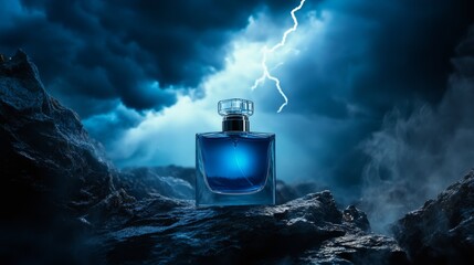 A glass perfume bottle glowing in the dark, framed by a powerful storm over the endless ocean.
