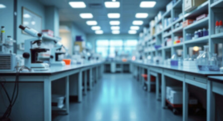 Fototapeta premium Empty laboratory, blurred background featuring advanced microscopes, glassware, and scientific equipment arranged on clean benches, highlighting cutting-edge research. Science background