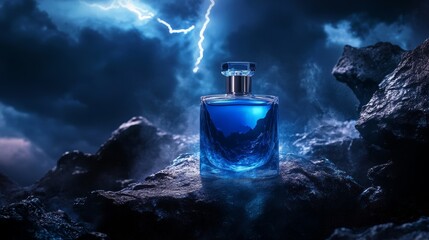 A mysterious perfume bottle under the fury of a thunderstorm, with the wild sea in the background.
