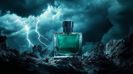 A green perfume bottle resting in perfect stillness, while nature’s storm rages over the turbulent waters.
