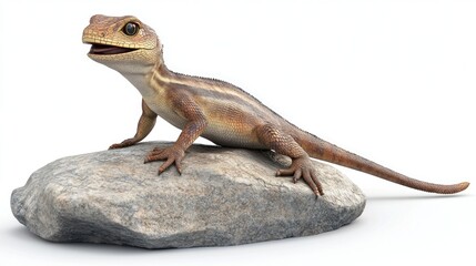 Obraz premium Lizard sits upon grey stone. Reptile with stripes isolated against clean white background