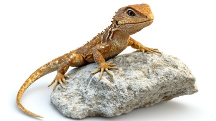 Naklejka premium Lizard resting atop rock; on white background, studio shot. Reptile portrait