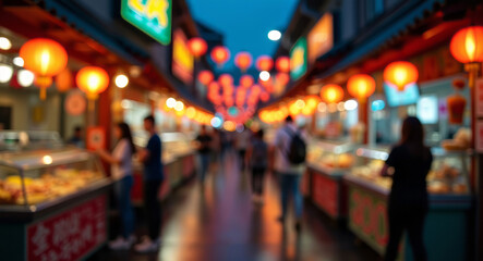 Blurred defocused background, bustling night market in chinatown with glowing red lanterns and signs, lights illuminating the vibrant atmosphere, crowd of people enjoy street food from colorful stalls