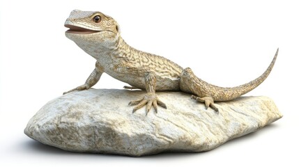 Naklejka premium Lizard basking on rock, white background. Scaly skin, curious expression, relaxed pose