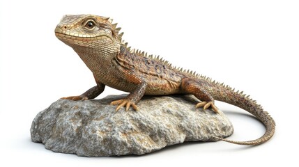 Fototapeta premium Reptile resting. Spiny lizard posed on rock against plain white backdrop. Neutral lighting