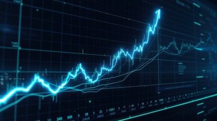 Graphical representation of data showing a positive trend, glowing neon blue on a dark grid background