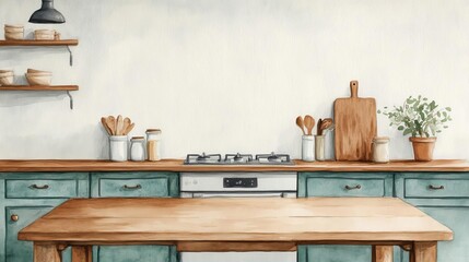 A modern kitchen interior with wooden furniture and colorful decorations.