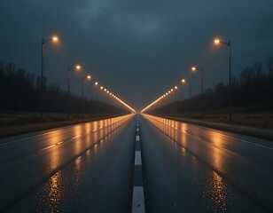 Fototapeta premium Endless Highway at Night with Street Lights Reflecting on Wet Asphalt
