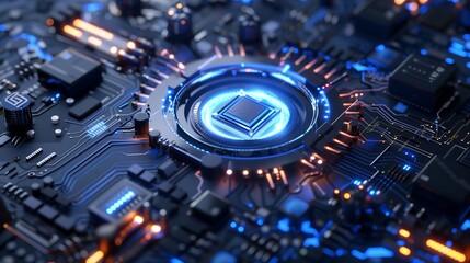 A next-generation quantum computer surrounded by glowing blue energy fields, futuristic processors and circuits forming a highly advanced digital network, a sci-fi-inspired high-tech setting