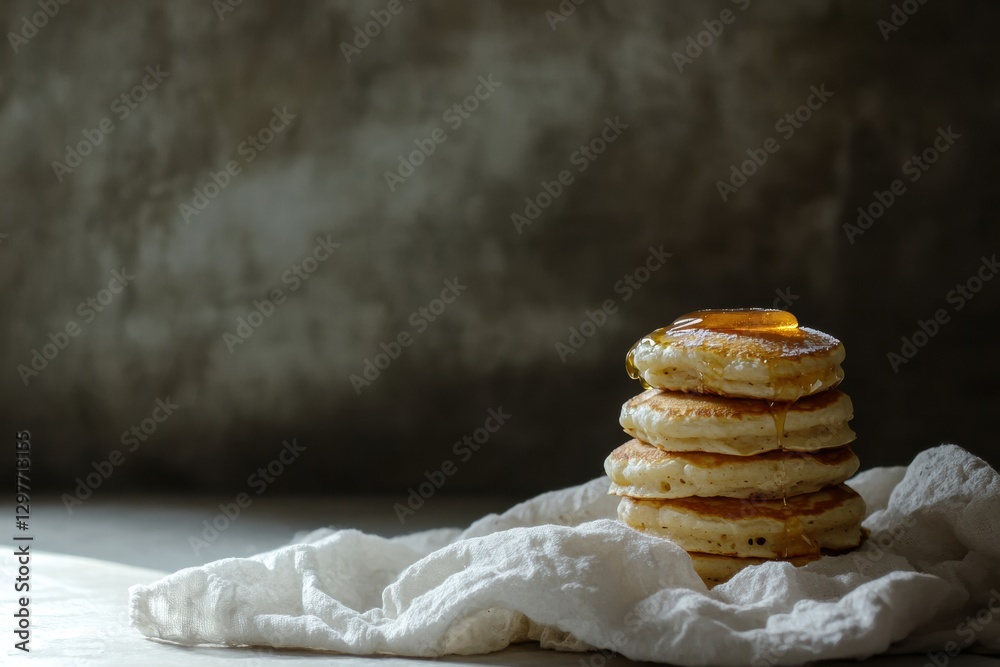 Aufkleber stack of fluffy pancakes garnished with syrup on a decorative cloth in a cozy setting during morning