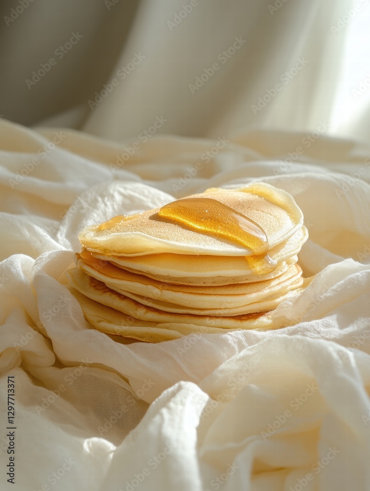 Poster stack of fluffy pancakes drizzled with syrup on soft linen fabric in bright morning light. generativ