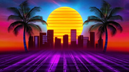 Fototapeta premium Vibrant Sunset Over Silhouetted Cityscape with Palm Trees