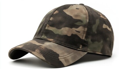 Fototapeta premium Camouflage baseball cap on white backdrop showcasing military pattern and outdoor adventure style perfect for fashion and sports enthusiasts