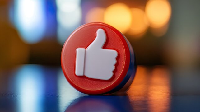 Red thumbs up icon on table, bokeh background, social media success