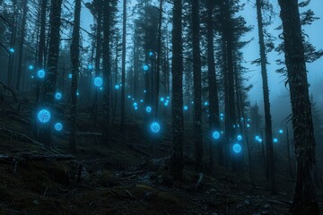 Fototapeta premium Enchanted Forest with Blue Glowing Orbs Surrounded by Misty Trees