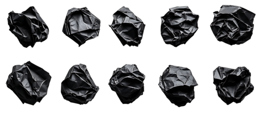 Set of crumpled black paper of various sizes, isolated on transparent background. PNG