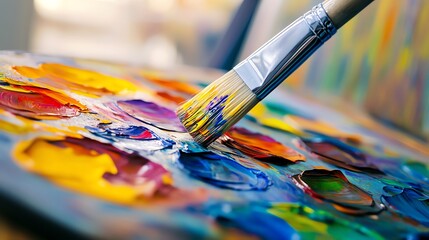 Fototapeta premium Artist brush mixing vibrant paint colors.