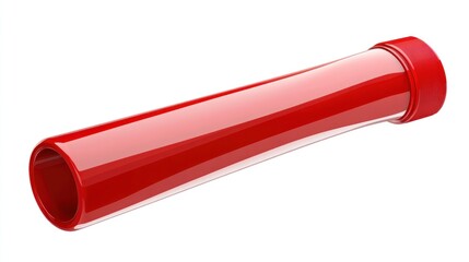 Red capped cylinder lying horizontally, angled view, on clean, illuminated white background