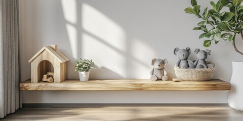 Close-up of a sleek, light-wooden shelf mounted on a pristine white wall, featuring a smooth, rectangular surface with elegant curves at the edges
