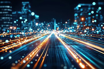 Futuristic Cityscape with Light Trails and Bokeh Lights at Night
