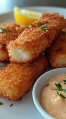 Fototapeta premium Crispy golden fish sticks with creamy dipping sauce and lemon wedge on a white plate close up shot delicious meal perfect for lunch