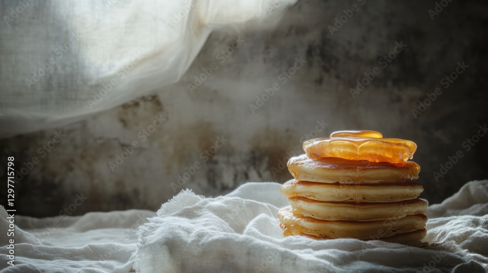 Poster stack of freshly made pancakes with syrup in soft morning light on a linen cloth background. generat