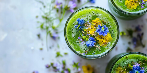 Green matcha bowls topped with purple flowers, overhead view.  Healthy dessert, floral presentation. Use on food blogs, wellness websites, or recipe sharing platforms.
