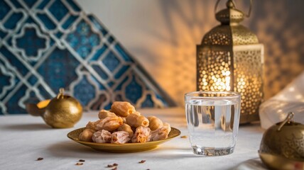 Naklejka premium A photo of a beautifully designed Islamic lantern with intricate patterns. The lantern is placed next to a plate of fresh dates on a clean white background. The composition symbolizes Ramadan and the 